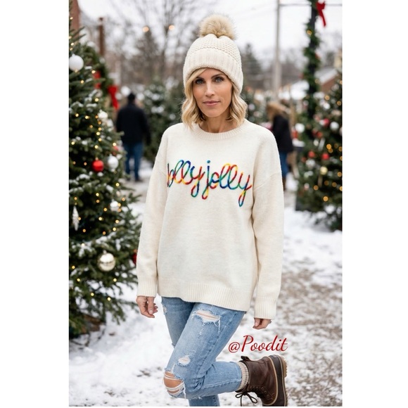 And The Why Sweaters - AND THE WHY Holly Jolly oversized ivory holiday sweater S/M M/L combo size